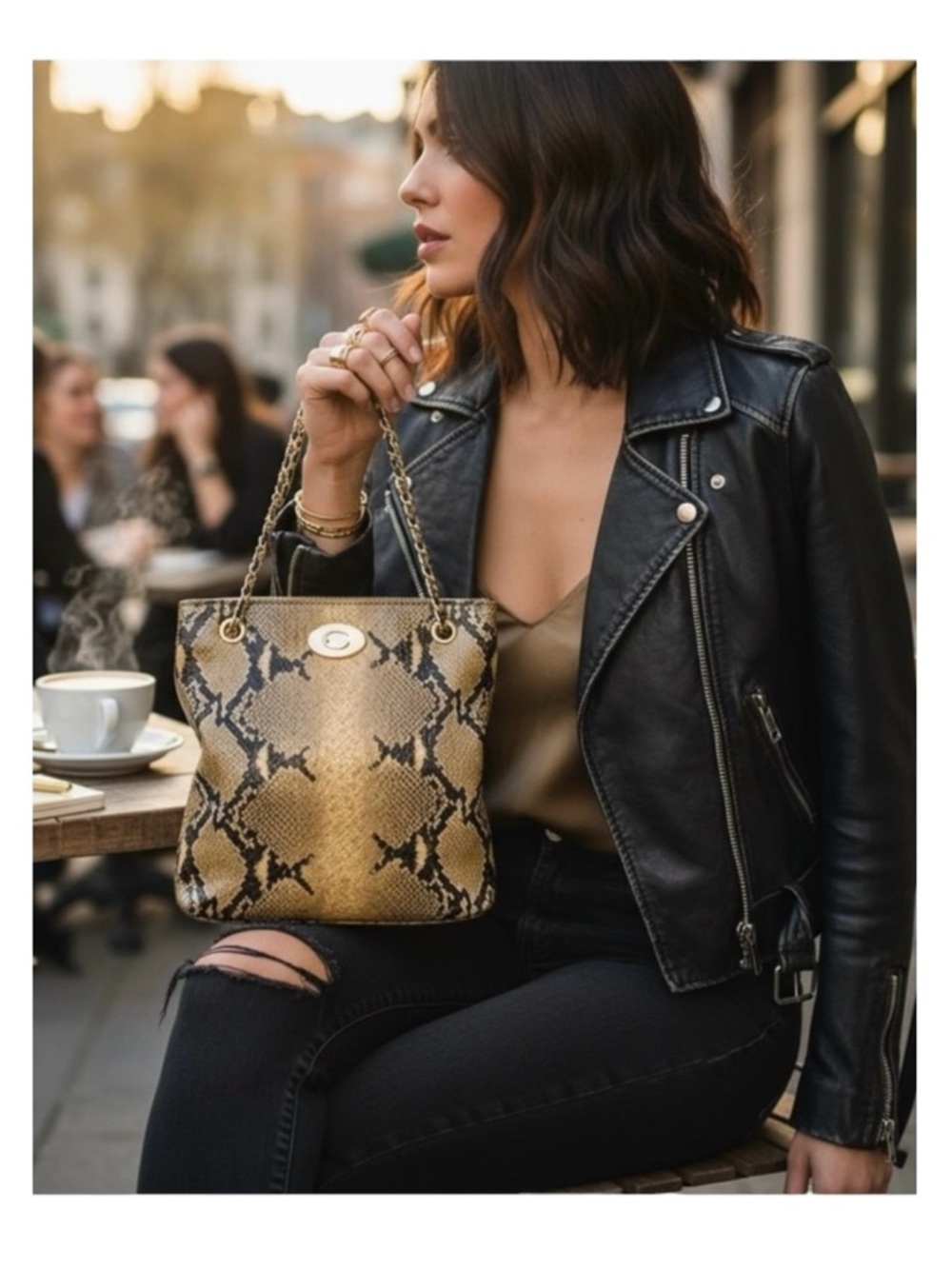 DKNY ᪥ Crossbody Leather Convertible Bag ᪥ Double Chain ᪥ Metallic Python Print - Picture 15 of 16